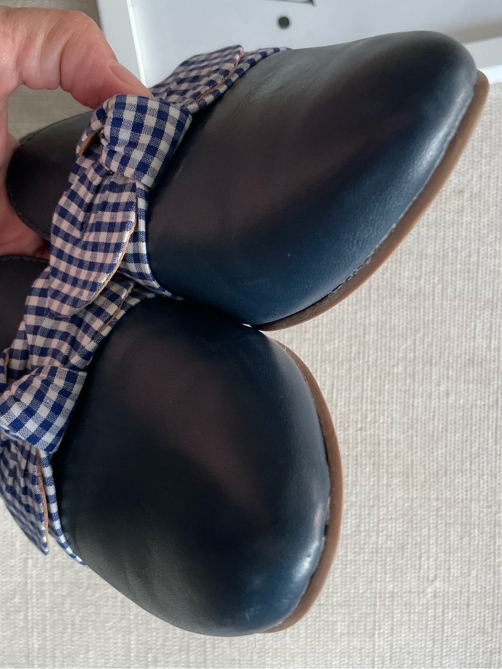 Jack Rogers Navy Leather Flats with Blue-and-White Gingham Bow - Picture 16 of 16